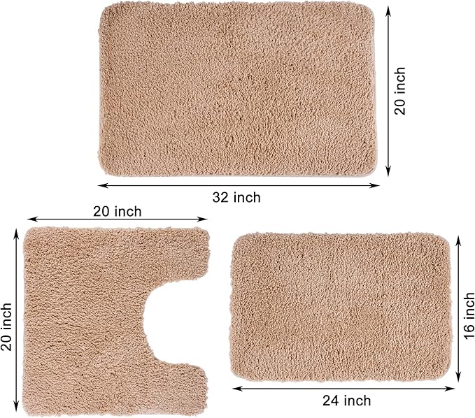 3 Pieces Luxury Bathroom Rug Set with U-Shaped Toilet Rug, Non-Slip Rubber Bottom, Thick Microfiber Fluffy Plush, Water Absorption, Quick Dry, Ultra Soft, Bath Mats for Bathroom, Tub(Beige)