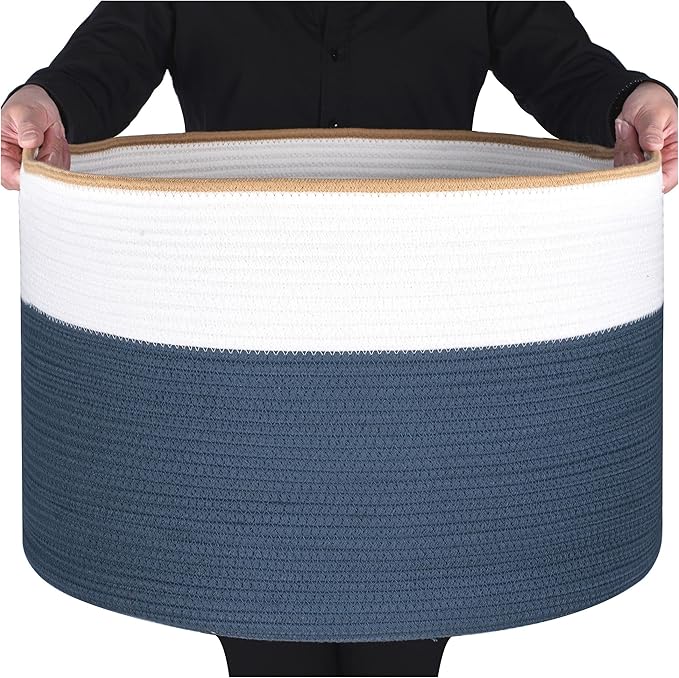 MINTWOOD Design Extra Large 22 x 14 Inches Decorative Woven Cotton Rope Blanket Storage Basket Bin Living Room and Laundry Hamper for Pillows, Pool Towels, Dog Toys, Shoes, Prussian Blue