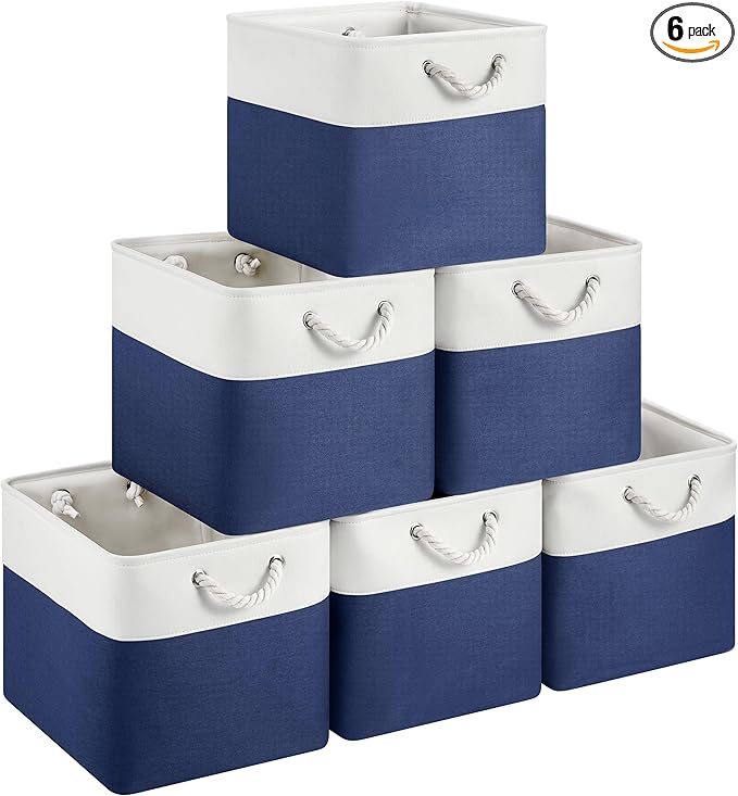 13x15x13 Storage Cube Bins, Heavy Duty Foldable Fabric Storage Bins with Handles and Metal Frame, 6 Pack Large Closet Organizer Bins for Clothes, Socks, Towels, White Blue