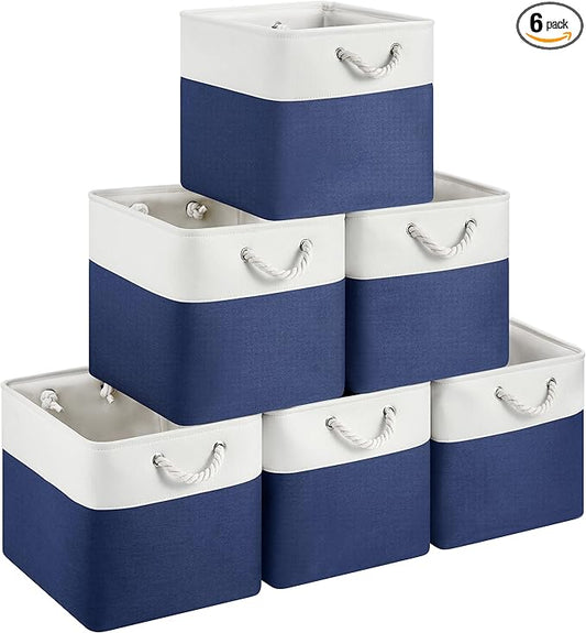 13x15x13 Storage Cube Bins, Heavy Duty Foldable Fabric Storage Bins with Handles and Metal Frame, 6 Pack Large Closet Organizer Bins for Clothes, Socks, Towels, White Blue