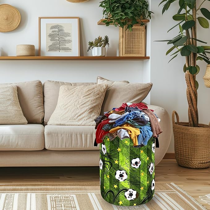 Funny Soccer Laundry Basket Foldable Football Laundry Hamper With Handle Oxford Cloth Portable Clothes Storage Basket Ball Laundry Bag 18.9"x16.5" For Laundry Room/Bedroom/Bathrooms