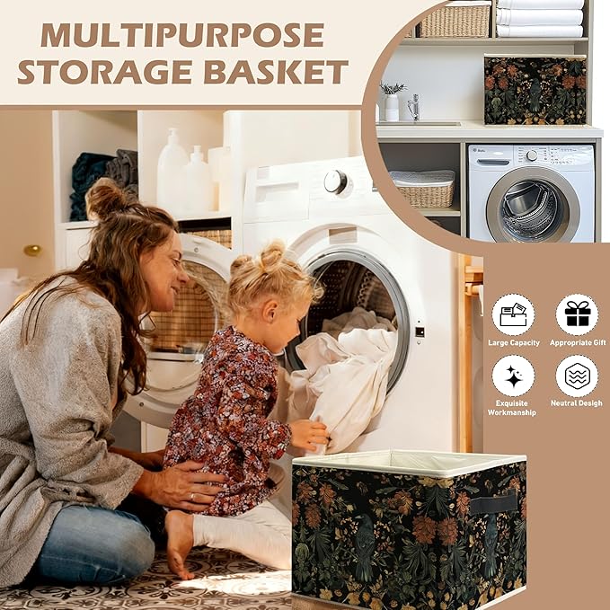Vintage Gothic Crow Floral Storage Bin Box with Handles, Dark Academia Cottagecore Flower Botanical Foldable Linen Fabric Laundry Basket for Home Bedroom Bathroom Clothes Toys Books