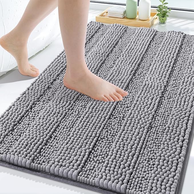 Grandaily Chenille Striped Bathroom Rugs 24x16, Extra Thick and Soft Absorbent Bath Mats, Rubber Backing, Plush Shaggy Shower Carpet, Machine Wash Dry, Bath Rug for Bathroom, Grey