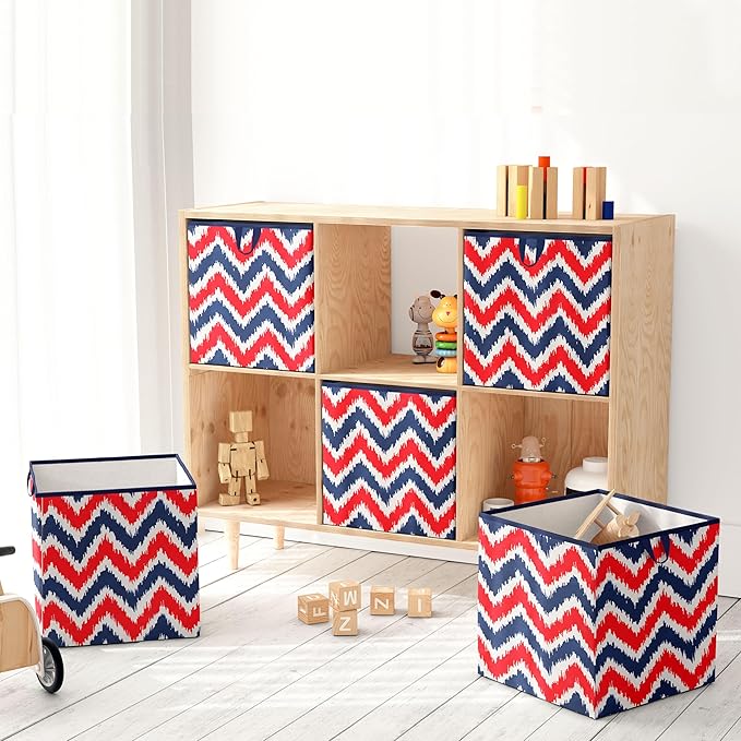 Bacati - Small Storage Tote Mix N Match Ikat Chevron/Dots Navy/Red 10 x 10 x 10 inches