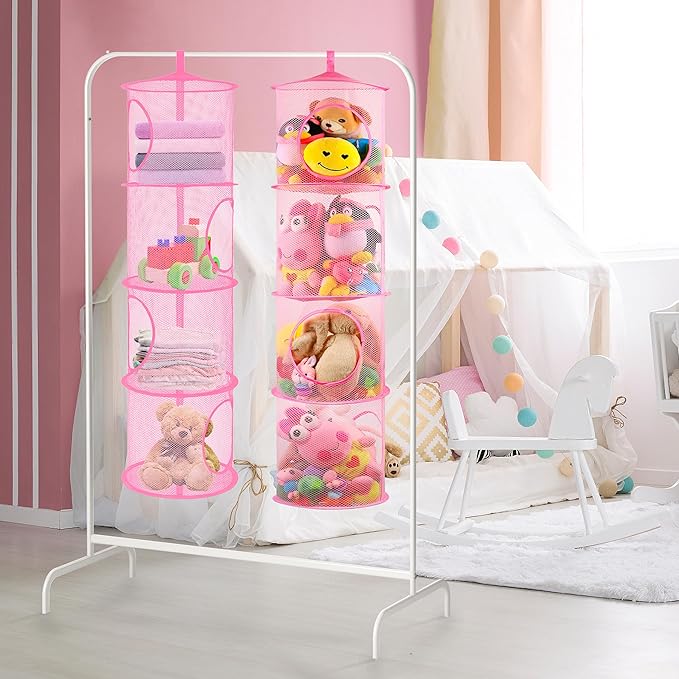 coastal rose 2Pcs Stuffed Animal Storage Foldable Stuffed Animal Net or Hammock Organizer, 4 Compartments Hanging Mesh Toy Storage Hammock for Kid Room Toys, Gloves, Hats, Socks（Pink）
