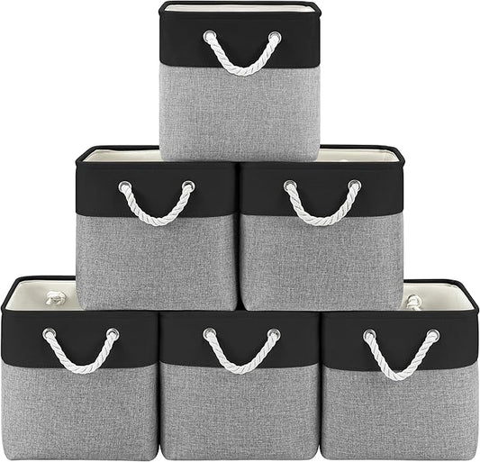11 Inch Cube Storage Bins, 6 Pack Fabric Storage Cubes with Rope Handles, Organizer Baskets for Closet Shelves, Clothes and Home Organization(Dark/Gray)
