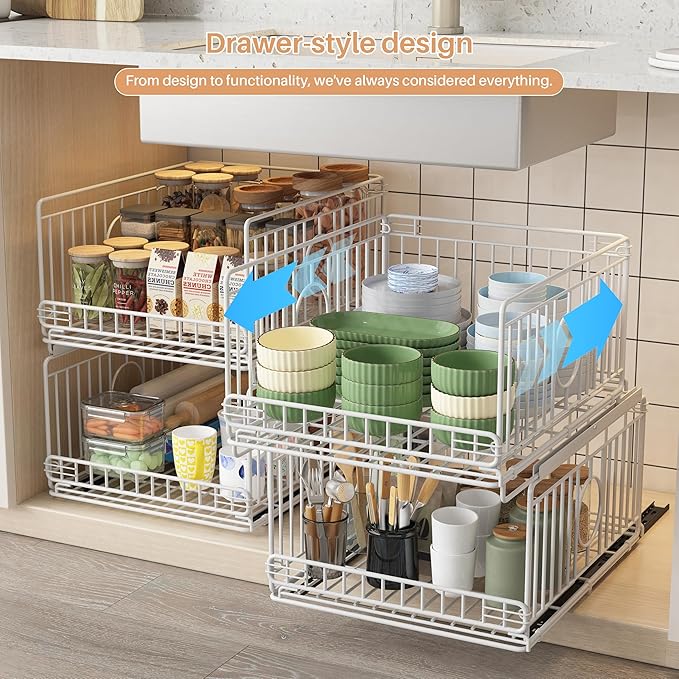 4-Pack Metal Drawer Organizer for Closet with Sliding Rail, Metal Bbasket Storage Drawers for Wardrobe, Stackable Wire Bins for Clothing and Accessories-White