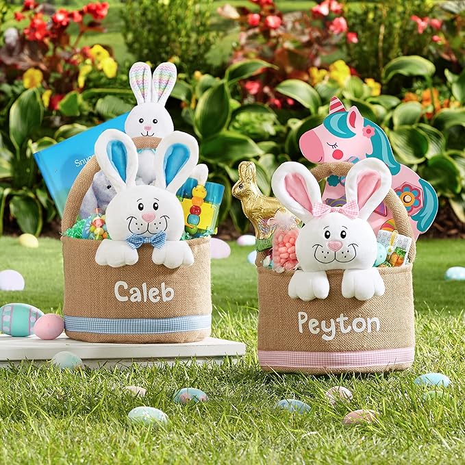 Let's Make Memories Personalized Easter Basket for Kids - Custom - For Boys and Girls - Fillable - With Optional Easter Basket Stuffers - 3-D Stuffed Bunny in Burlap - Pink
