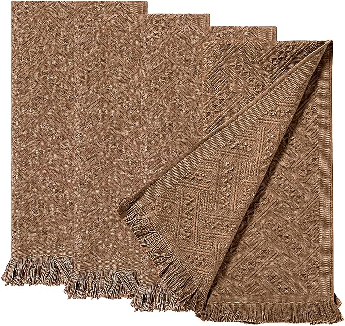 4-Pack Brown Luxury Decorative Bathroom Hand Towels – 13"x29.1" Boho Bath Hand Towels Set with Jacquard Weave & Fringe, Cotton Absorbent Soft Face Towels for Kitchen/Bathroom/Farmhouse