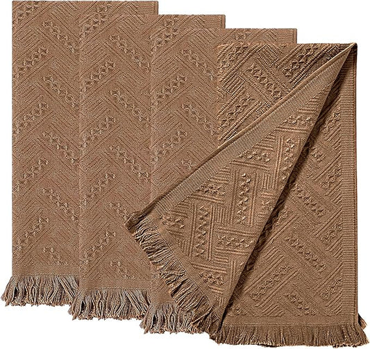 4-Pack Brown Luxury Decorative Bathroom Hand Towels – 13"x29.1" Boho Bath Hand Towels Set with Jacquard Weave & Fringe, Cotton Absorbent Soft Face Towels for Kitchen/Bathroom/Farmhouse