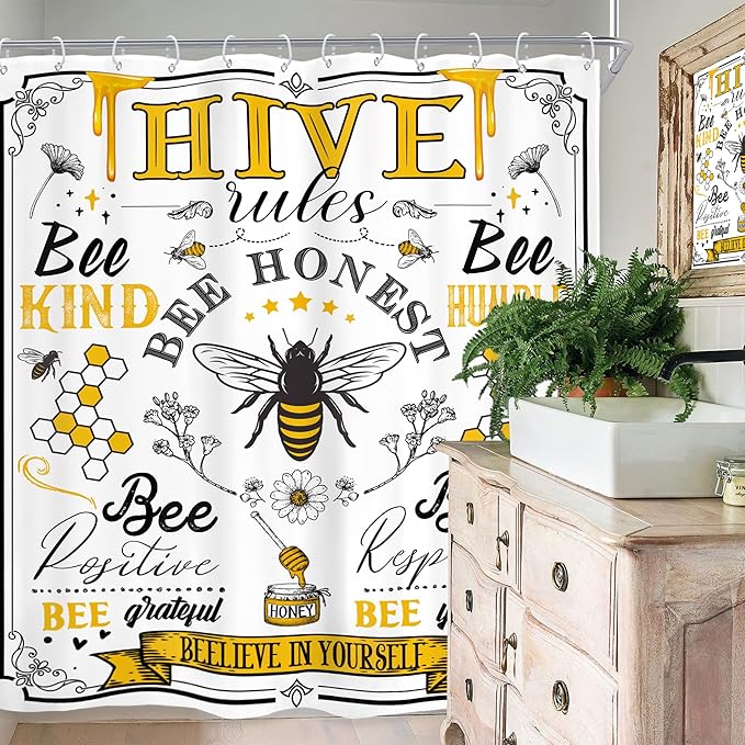 Homewelle Black Yellow Bee Quotes Shower Curtain Long Rustic Inspirational Motivational Words Retro Floral Daisy Honeycomb 72Wx78H Inch Farmhouse Vintage Waterproof Polyester Fabric Bathroom Bathtub