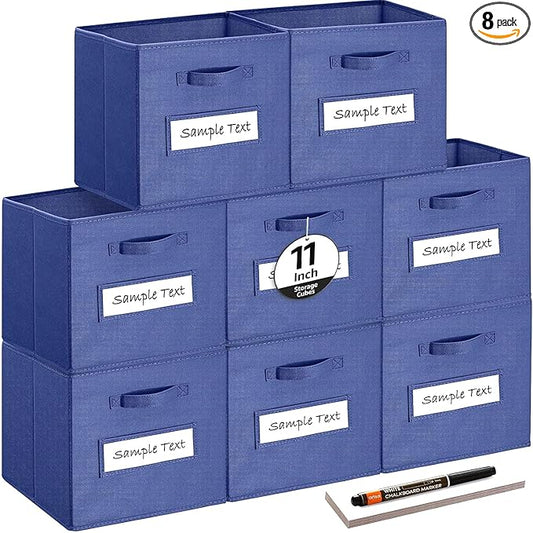 artsdi Fabric storage cubes (Set of 8) 11 Inch Cube Storage Bin, Cube storage with 8 Labels Window Cards & a Pen, Foldable cube organizer bins,11x11 Storage bin, Cubby Organizer Boxes, Navy Blue