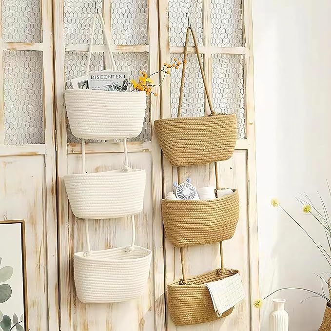 AARAINBOW Wall Hanging Cotton Baskets, Large 3 Tier Decorative Basket for Wall, Nursery, Bathroom, Boho Organizing (B-White)