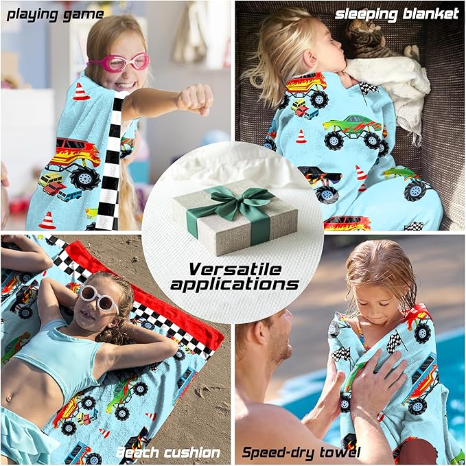 Hooded Towels for Kids -Monster Toddler Beach Towel- Super Absorbent & Quick Dry 100% Cotton 30x50 Inch - to Kid Ages 3-10-Truck Cars Swim Towels