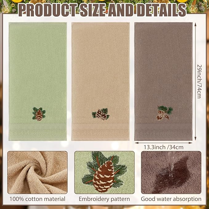 3 Pcs Rustic Pine Cone Hand Towels for Bathroom Christmas Decor, Pinecones Branch Embroidered Decorative Towels for Bathroom Kitchen Holiday Decor, 100% Cotton, 13.3 x 29.5''