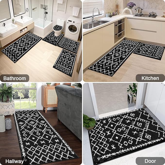 HEBE Bathroom Rugs Sets 5 Piece, Soft Absorbent Microfiber Bath Mat for Bathroom, Non Slip Washable Bath Rug Set with Toilet Cover, Bath Runner and U-Shaped Contour Toilet Rug, Black