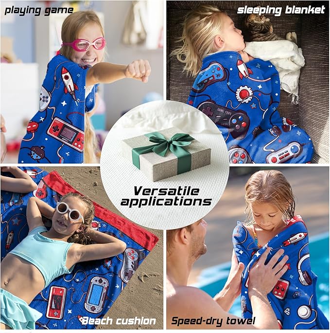 Hooded Towels for Kids -Toddler Beach Towel- Super Absorbent & Quick Dry 100% Cotton 35x60 Inch - to Kid Ages 3-12-Video Game/Gaming Pattern Design