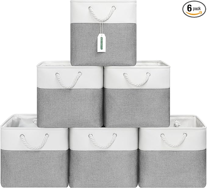 13x13 Inch Cube Storage Bins with Reinforced Bottom Cardboard, 6 Pack Large Foldable Fabric Storage Cubes with Handles for Shelf, Closet, Laundry Organization (White&Gray)