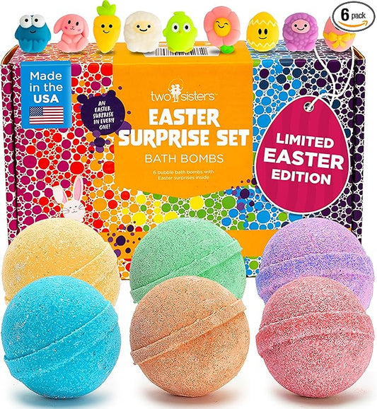 Easter Bath Bombs for Kids with Surprise Toys Inside (6 Pack) - Kids Easter Basket Stuffers for Boys and Girls - Large Spring Bubble Bomb, Made in USA, Incredible Fragrances & Colors by Two Sisters