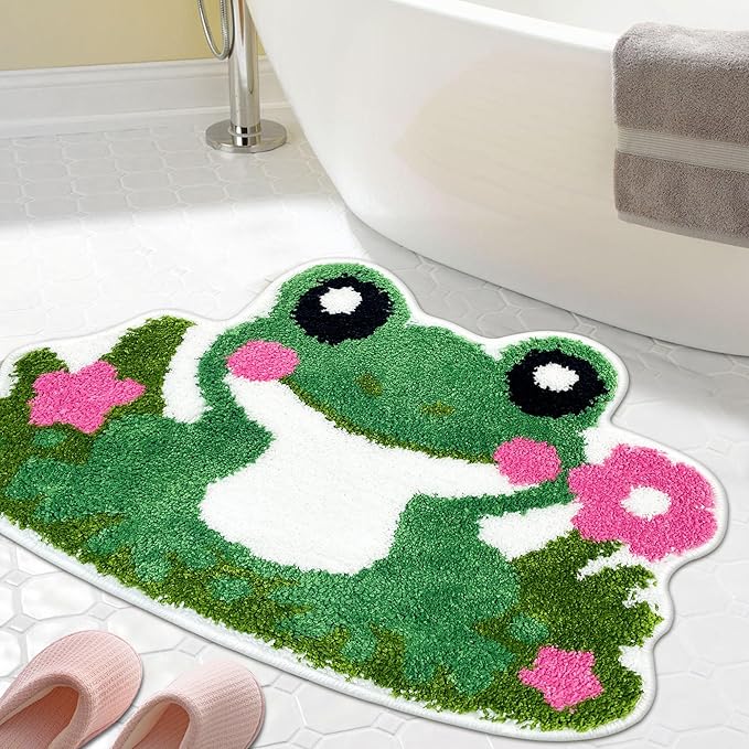 Hexagram Cute Frog Small Bath Mat 16×24 Inch, Frog Decor for Home Gift, Cute Bathroom Rugs, Green Pink Non Slip Soft Washable Irregular Animal Shaped Rug for Tub, Bathtub, Shower Room, Bedroom, Door