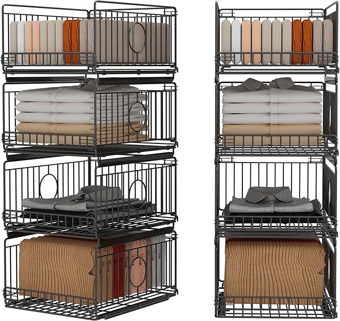 Metal Drawer Organizer for Closet with Sliding Rail, Metal Bbasket Storage Drawers for Wardrobe, Stackable Wire Bins for Clothing and Accessories-Black-4-Pack