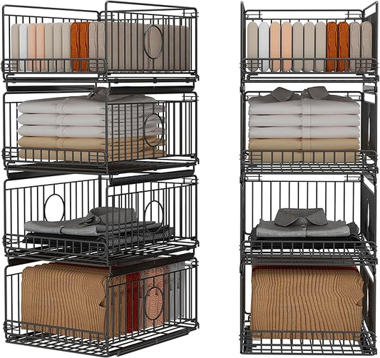 Metal Drawer Organizer for Closet with Sliding Rail, Metal Bbasket Storage Drawers for Wardrobe, Stackable Wire Bins for Clothing and Accessories-Black-4-Pack
