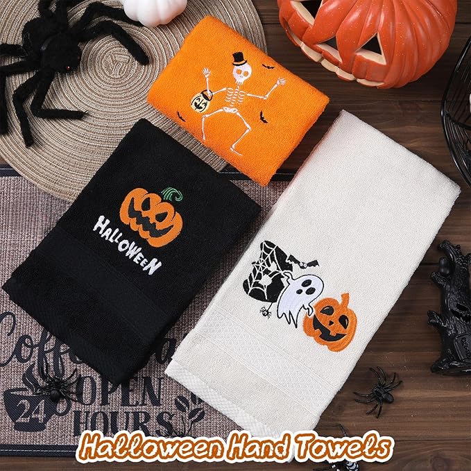 3 Pcs Halloween Hand Towels for Bathroom Embroidered Pumpkin Ghost Skull Bathroom Towel Farmhouse Decorative 13.78 x 29.53 Inch Absorbent Soft Cotton for Kitchen Dish Fast Drying Decor