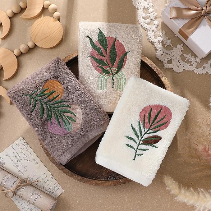3 Pack Boho Leaves Hand Towels for Bathroom 100% Cotton Embroidered Bathroom Towels 13.78 x 29.53 Inch Beach Hand Towels Absorbent Soft Cotton Towel(Beige,Bohemian Style)