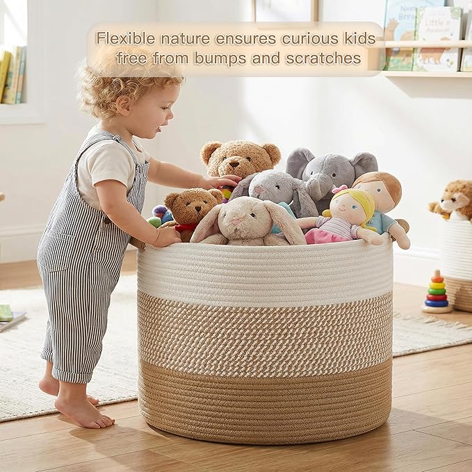 Large Natural Woven Blanket Basket, 70L Boho Decorative Cotton Rope Basket for Blankets Pillows and Toddler Toy Storage, Rope Blanket Storage for Living Room, Laundry, Nursery (Brown)