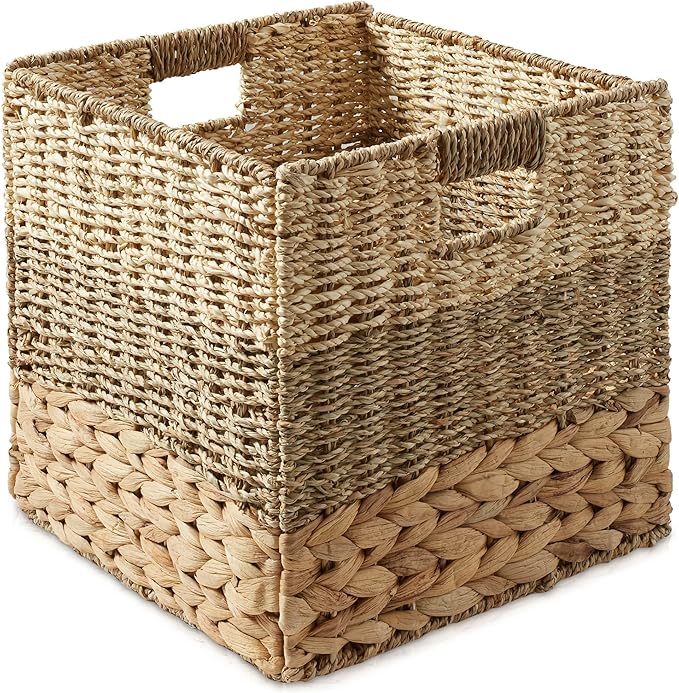 Casafield 13" x 13" Mixed Weave Storage Baskets, Natural - Set of 4 Woven Hyacinth Seagrass Wicker Storage Cube Bins for Bathroom, Bedroom, Laundry, Pantry, Shelves