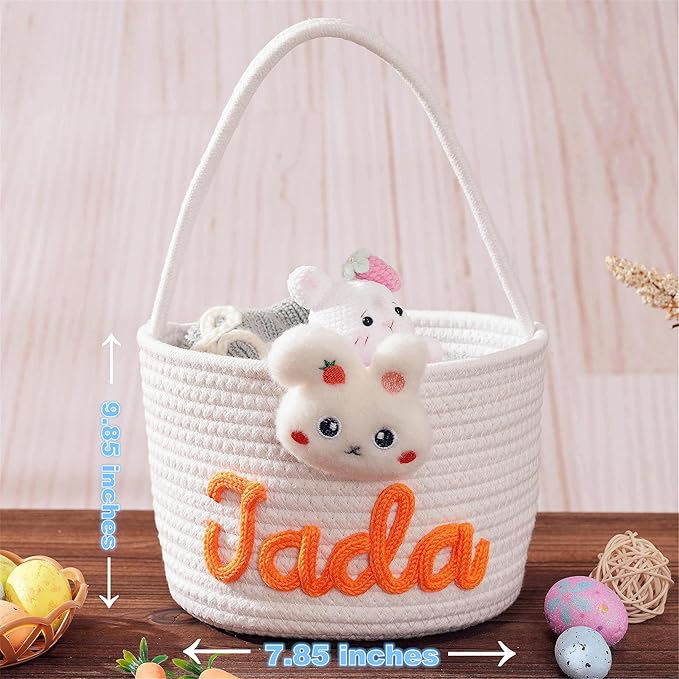 JUPPE Custom Easter Basket, Personzlized Bunny Basket with Kids Name, Cotton Rope Storage Organizer Nursery Decor Easter Eggs Gift (Bunny Basket)
