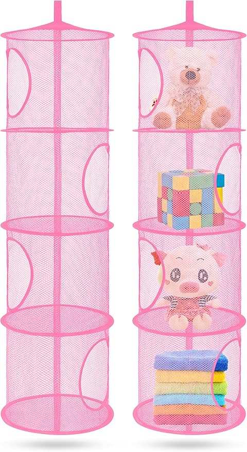 coastal rose 2Pcs Stuffed Animal Storage Foldable Stuffed Animal Net or Hammock Organizer, 4 Compartments Hanging Mesh Toy Storage Hammock for Kid Room Toys, Gloves, Hats, Socks（Pink）