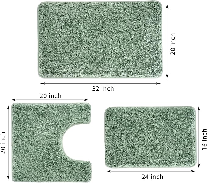 3 Pieces Luxury Bathroom Rug Set with U-Shaped Toilet Rug, Non-Slip Rubber Bottom, Thick Microfiber Fluffy Plush, Water absorption, Quick Dry, Ultra Soft, Bath Mats for Bathroom, Tub(Leaf Green)