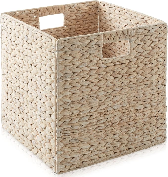 Casafield 13" x 13" Hyacinth Storage Baskets, Whitewash - Set of 2 Storage Organizers, Woven Wicker Cubes for Bathroom, Bedroom, Laundry, Shelves