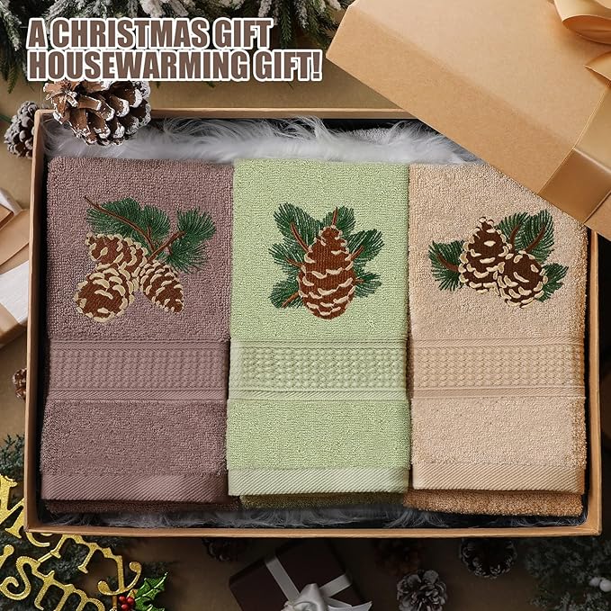 3 Pcs Rustic Pine Cone Hand Towels for Bathroom Christmas Decor, Pinecones Branch Embroidered Decorative Towels for Bathroom Kitchen Holiday Decor, 100% Cotton, 13.3 x 29.5''