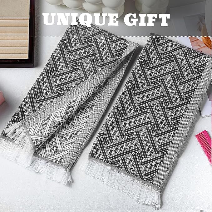 4 Pack Boho Bathroom Hand Towel 14 x 30 Inch 100% Turkish Cotton Decorative Boho Kitchen Hand Towel Farmhouse Bathroom Decor Set Absorbent Soft Guest Tea Gift(Gray,White)