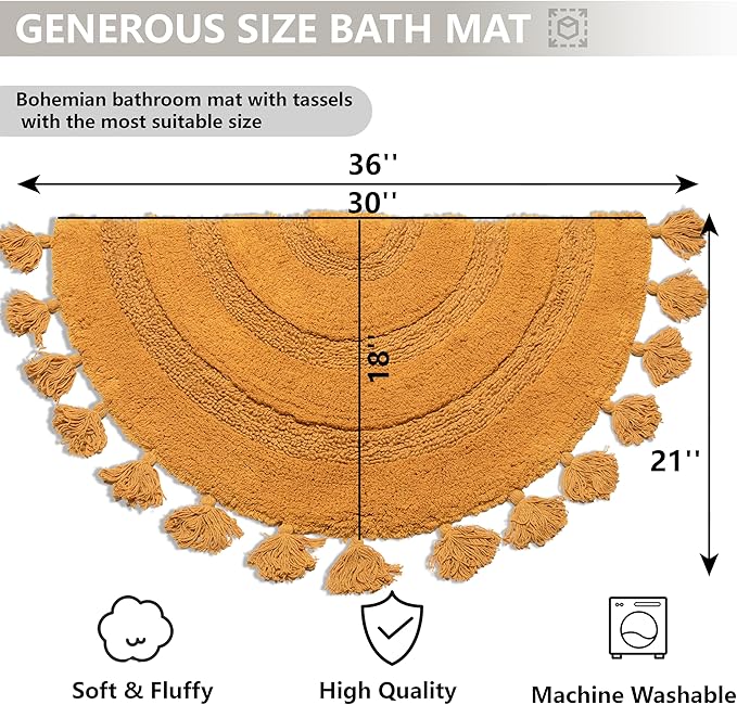 Half Circle Boho Bathroom Rugs with Tassels 100% Cotton Hand-Woven Bath Rugs Non Slip Absorbent Crochet Rugs Machine Washable Boho Bath Mats for Bathroom Floor Tub