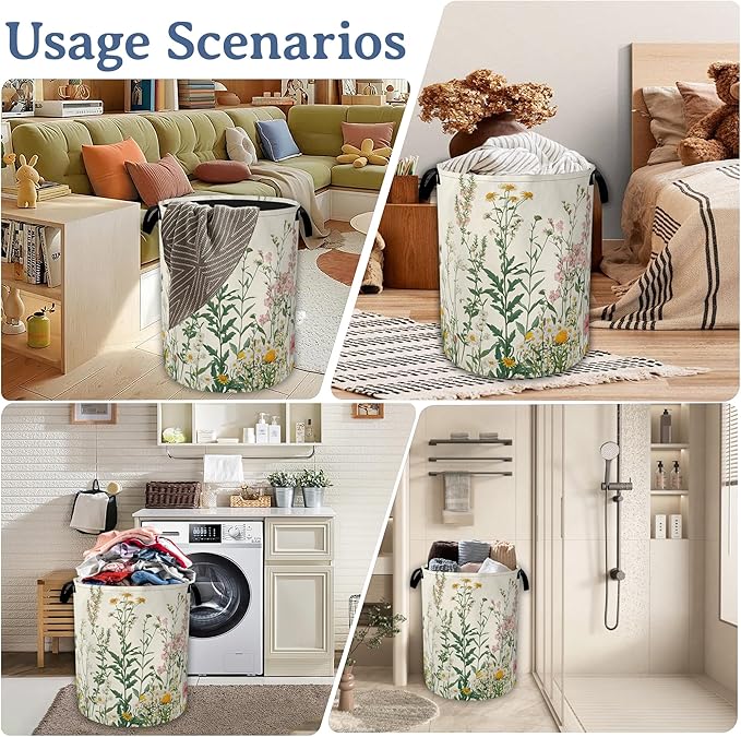 Wildflowers Laundry Hamper With Handle,Foldable Oxford Cloth Vintage Herb Flower Botanical Laundry Basket,20.8"x16" Clothes Storage Basket for Laundry Room/Bedroom/Bathroom