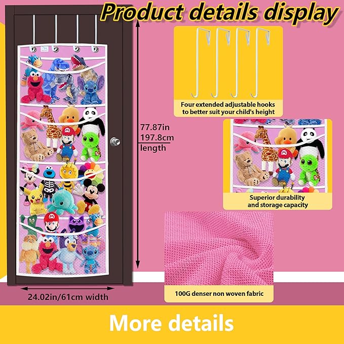 over the door stuffed animal storage, with Extra Long Hooks- Large Capacity Organizer Fits 50+ stuffed animal, Over the Door or Corner Teddy Bear Storage for Stuffy Organization, Pink