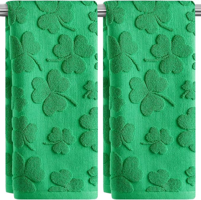2 Pack St. Patrick's Day Hand Towels Kitchen Dish Towels Spring Green Clover Shamrocks Melody 100% Cotton Decorative Bathroom Towels Set Soft and Quick Drying, 13.7'' x 29.5''