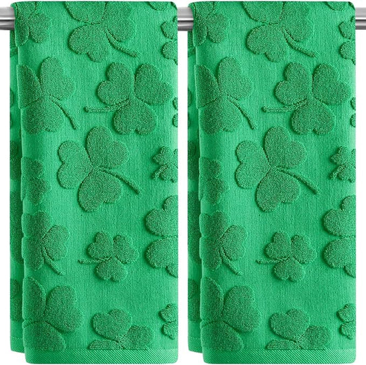 2 Pack St. Patrick's Day Hand Towels Kitchen Dish Towels Spring Green Clover Shamrocks Melody 100% Cotton Decorative Bathroom Towels Set Soft and Quick Drying, 13.7'' x 29.5''