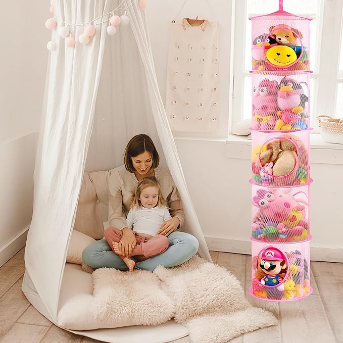 coastal rose Stuffed Animals Net or Toy Net Hammock, Foldable Stuffed Animals Storage 5 Compartments, Toy Storage Organizer for Plushies Organizer Mesh Kids Girls Room Decor, Pink
