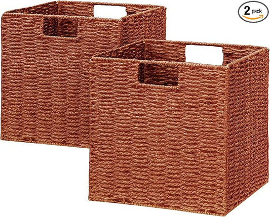 Vagusicc Wicker Storage Basket, Set of 2 Hand-Woven Paper Rope Wicker Basket, Foldable Cube Storage Bins, 9 inch Square Storage Baskets for Organizing Shelves & Decor, Orange (9″×9″×9″)