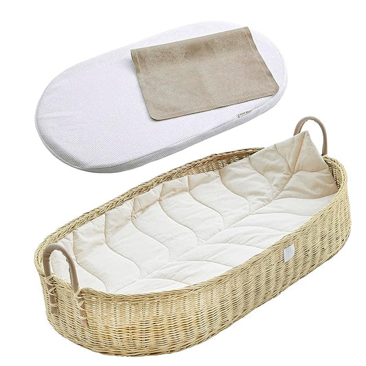 BEBE BASK Premium Baby Changing Basket - Artisan-Crafted Rattan with Extra High Sides - Wicker Changing Basket for Baby Dresser - All Accessories Included - Complete Set for Nursery (Rattan)