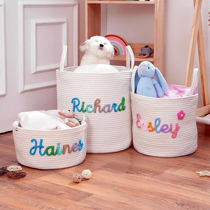 JUPPE Custom Baby Shower Basket, Personzlized Basket with Baby Name, Baby Boy Girl Storage Organizer Cotton Rope Nursery Decor Newborn Gift (XL Basket)