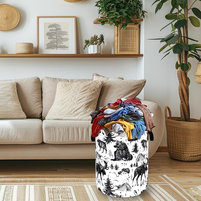 Bear Forest Deer Laundry Basket Foldable Black White Animal Laundry Hamper With Handle Oxford Cloth Portable Clothes Storage Basket Laundry Bag 18.9"x16.5" For Laundry Room/Bedroom/Bathrooms
