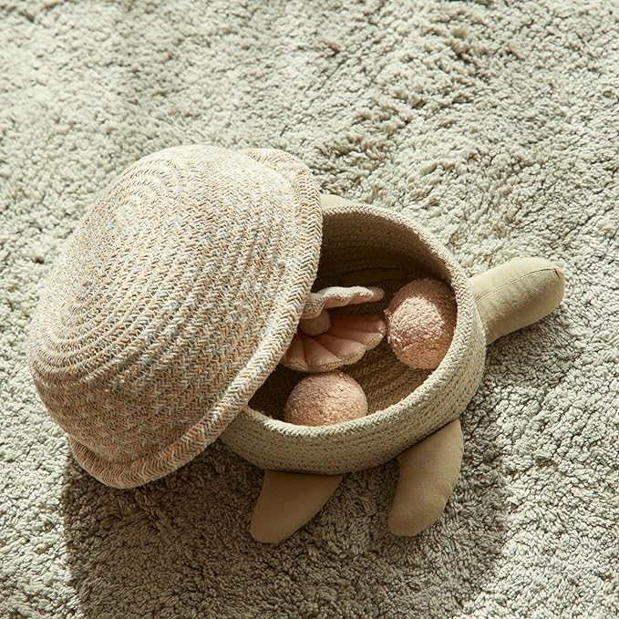 Lorena Canals Basket for Kids Baby Turtle. Olive Ivory Natural Size: 4" x 10" x 9"