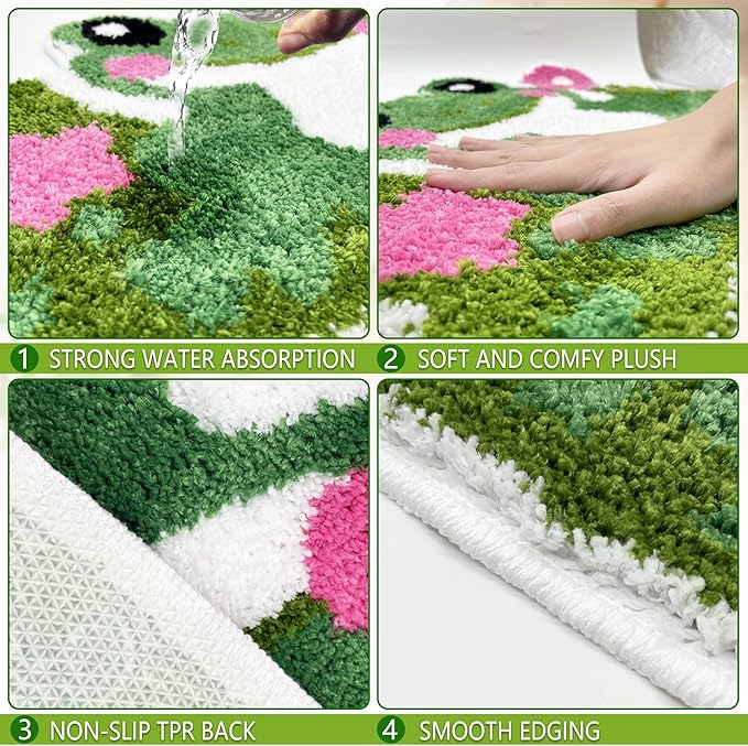 Hexagram Cute Frog Small Bath Mat 16×24 Inch, Frog Decor for Home Gift, Cute Bathroom Rugs, Green Pink Non Slip Soft Washable Irregular Animal Shaped Rug for Tub, Bathtub, Shower Room, Bedroom, Door