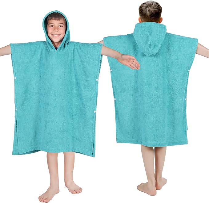 Superior Kids Cotton Terry Poncho, Soft, Absorbent Bath Towel with Hood, Bathroom Accessories, Long, Plush Bathrobes for Bath, Shower, Spa, Resort, Hotel, Beach, Pool, Boy, Girl, Large Size, Teal