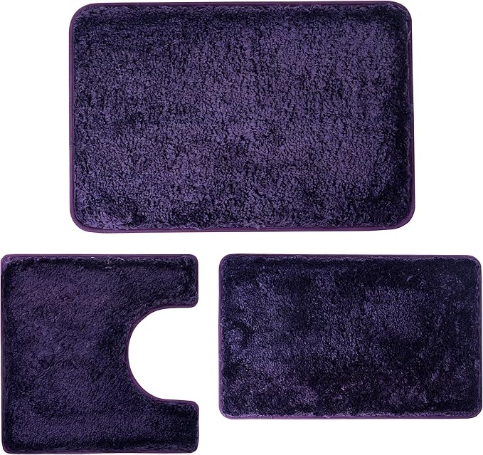 3 Pieces Luxury Bathroom Rug Set with U-Shaped Toilet Rug, Non-Slip Rubber Bottom, Thick Microfiber Fluffy Plush, Water Absorption, Quick Dry, Ultra Soft, Bath Mats for Bathroom, Tub(Purple)